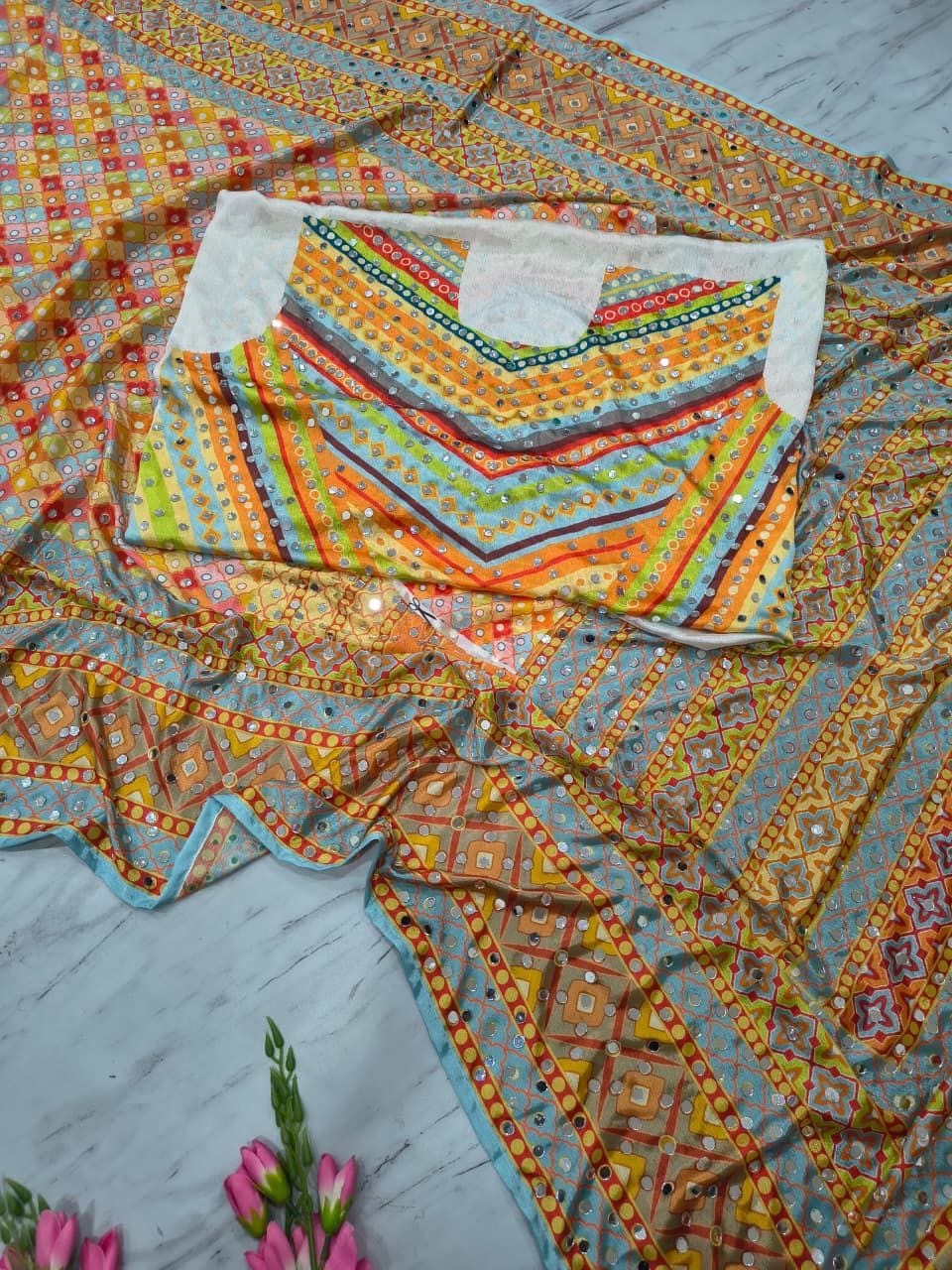 Chinon mirror work saree
